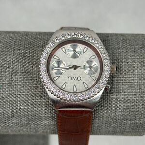 DMQ Watch Womens 32mm Pave Bezel Day Date Silver Tone Brown Band New Battery